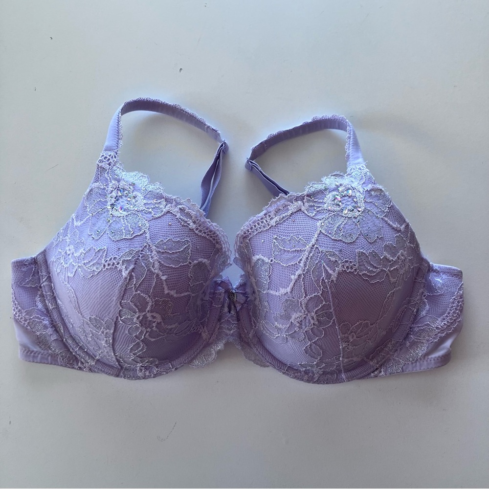 Victoria's Secret Lavender Floral Lace Rhinestone Push Up Bra 38C Shimmer Lilac - Picture 5 of 15